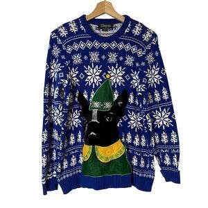 33 Degrees ugly christmas sweater blue snowflake elf pug dog women's M cotton